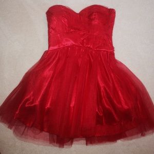 Red strapless chiffon dress