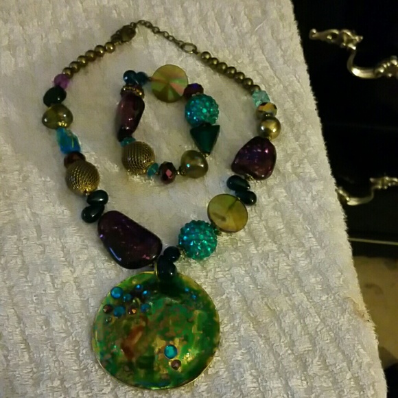 Teal and purple Necklace and Bracelet set