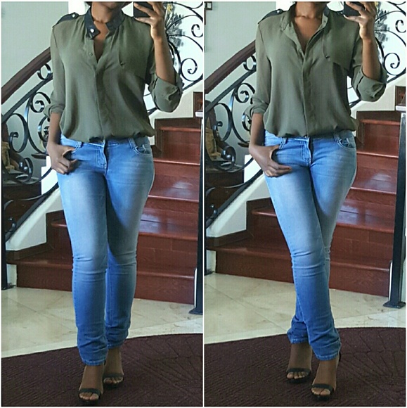 Lumiere Tops - Olive Blouse with Faux Leather Trim