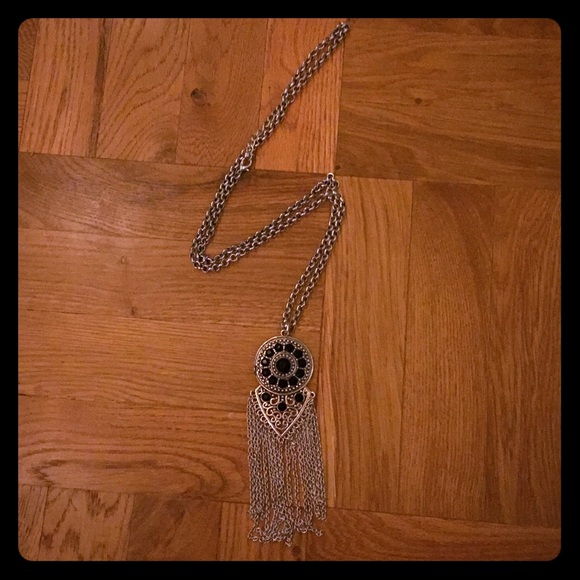 Dream catcher silver and black long chain necklace