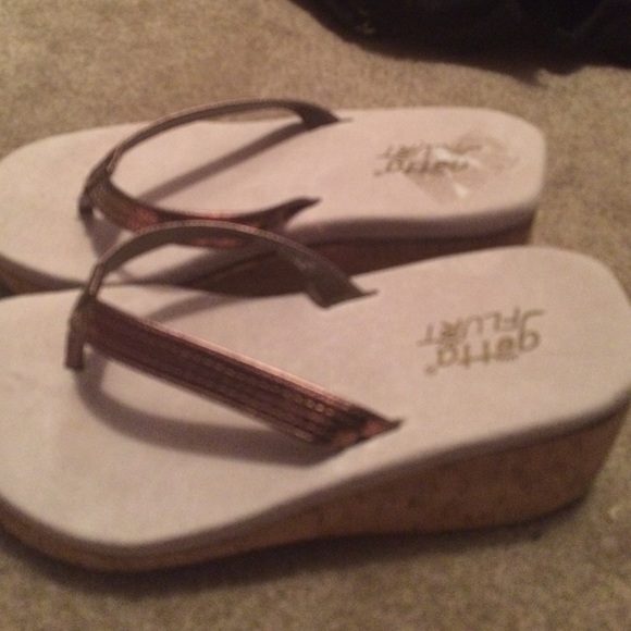 Gold cork wedge flip flops