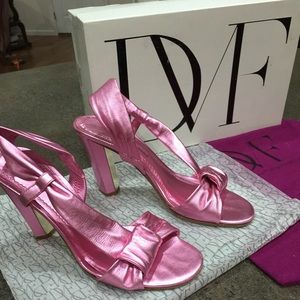 metallic pink DVF dress sandals