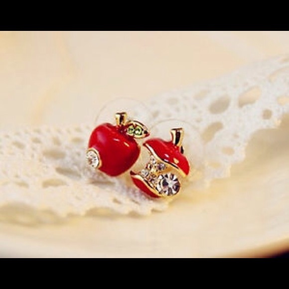 Gold plated with red enamel apple duo earrings. - Picture 2 of 3