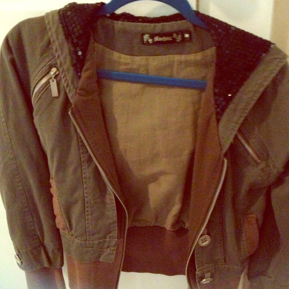 Army Green Bomber Jacket w/ Sequin Hoodie