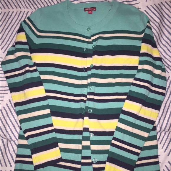 Navy, teal, yellow, and white Striped Sweater.