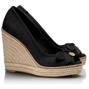 Tory Burch Black Jackie Espadrille Wedge Heels 6.5