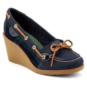 Sperry Goldfish Wedge navy / green / plaid 6.5