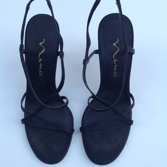 NINA leather sole black satin strappy sandals 7.5