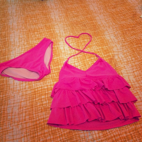2 piece tankini pink ruffle bathing suit