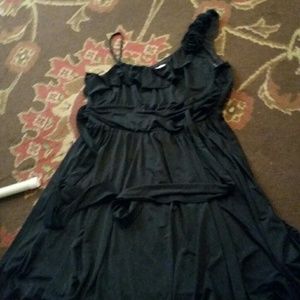Black silky bubble skirt dress with detailed shoul