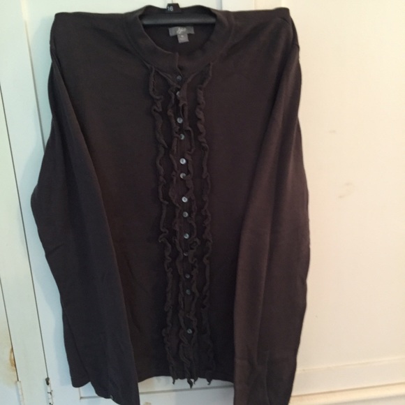 J. JILL BUTTON DOWN RUFFLE SWEATER IN DARK GRAY