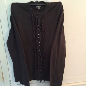 J. JILL BUTTON DOWN RUFFLE SWEATER IN DARK GRAY