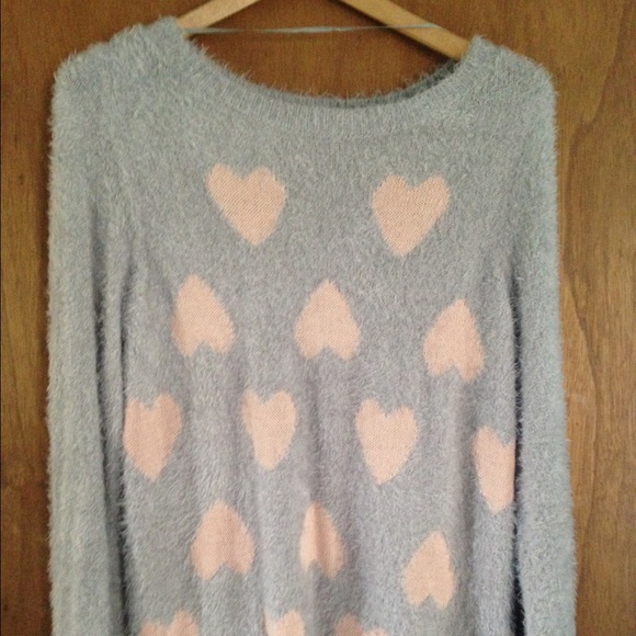 Grey fuzzy sweater with pink hearts💗 - Picture 2 of 2