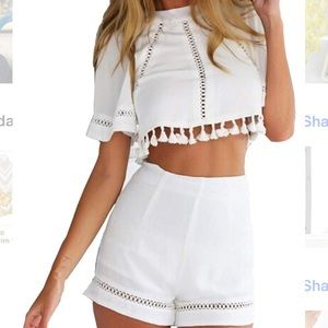 White Two Piece Set Short Sleeve Top and shorts