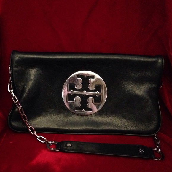 Used Tory Burch black &! silver chain-emblem fold-