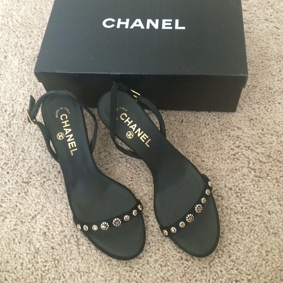 Chanel black and gold heeled sandals