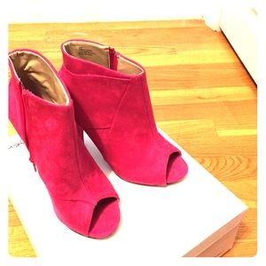 Pink suede peep toe booties!
