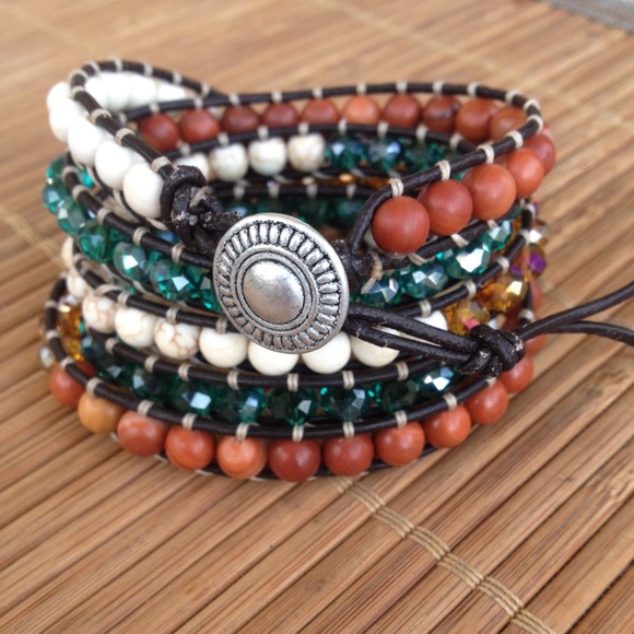 Jewelry - Leather Wrap Crystal & Gemstones Bracelet