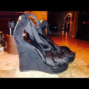 Black satin and velvet platform wedges