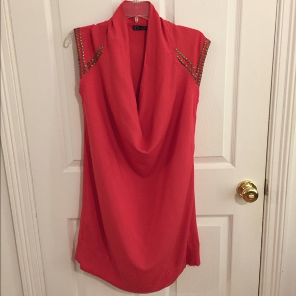 Coral cowl neck dress with bronze accents