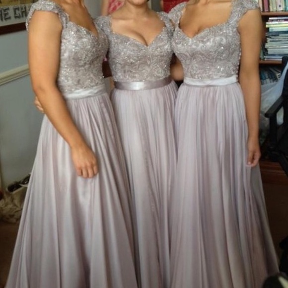 Silver lace and beaded bridesmaid dress.