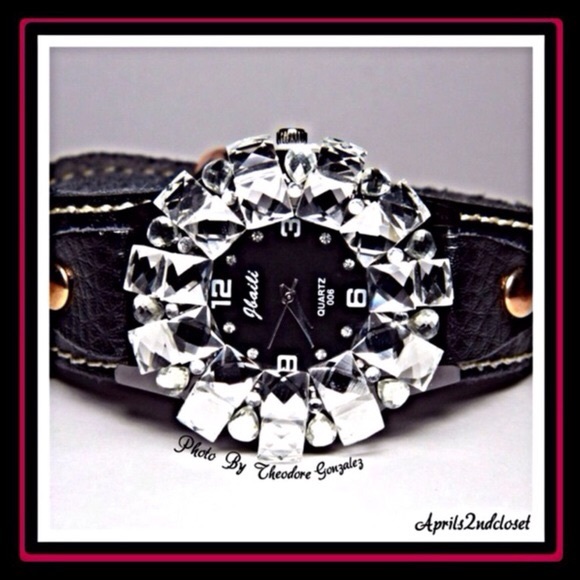 CZ GENUINE BLACK LEATHER GLAM BLING CRYSTAL WATCH main image 5
