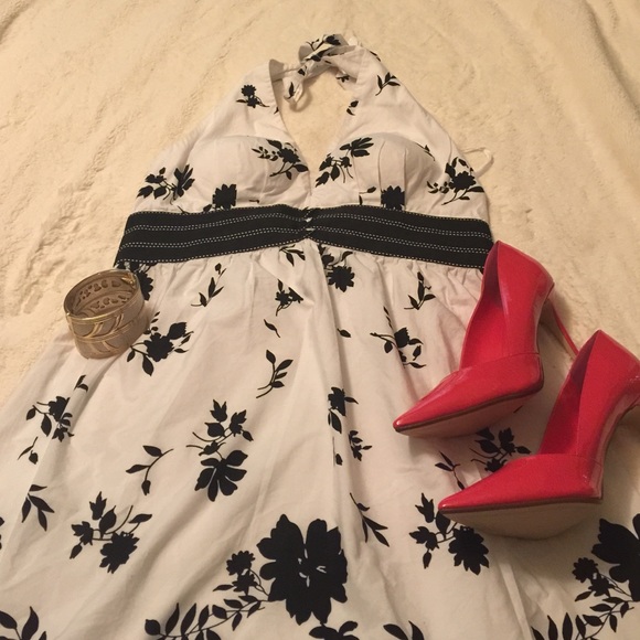 Black and White Halter Cotton Floral Dress