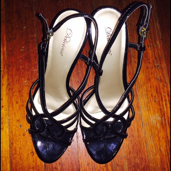 Black patent strap wedges