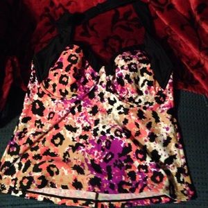 A multi-colored leopard print tankini
