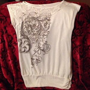 Beaded top with lace shoulder