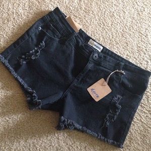 Black distressed denim shorts