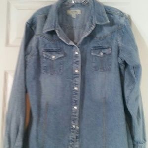 Denim shirt with pearl colored snaps.