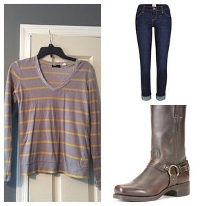 Gray & yellow striped v-neck sweater