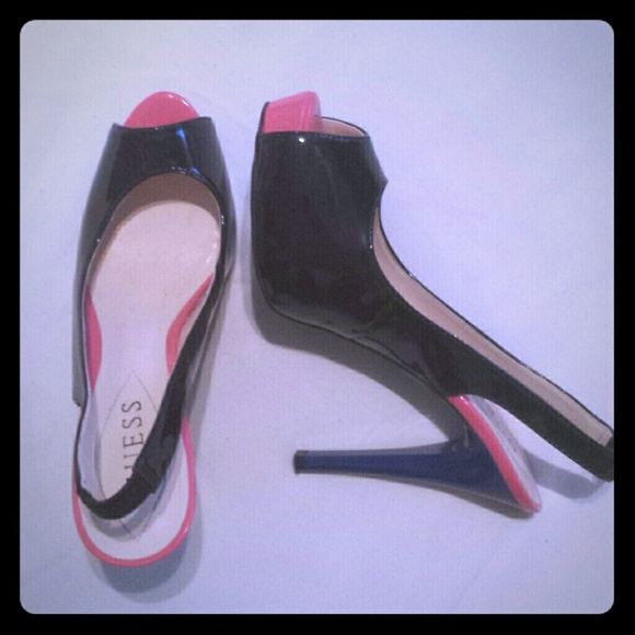 GUESS black, pink, blue slingback peep-toe pumps