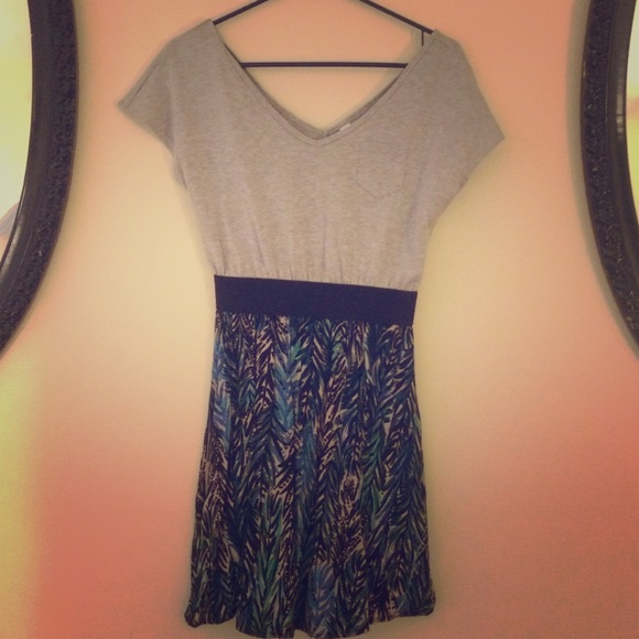 Gray Patterned Deep V-Neck Dress
