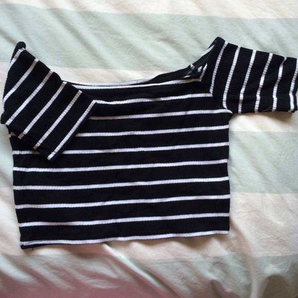 Topshop Striped off the shoulder crop top