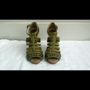 Green and Gold Studded Cork Open-Toe Heels.