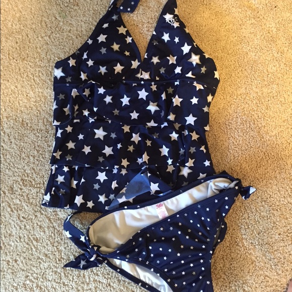 Navy blue tankini with white and silver stars