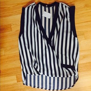 V neck Navy Blue and White Striped Blouse