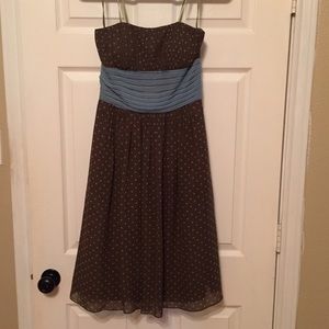 Strapless brown and blue polka dot dress