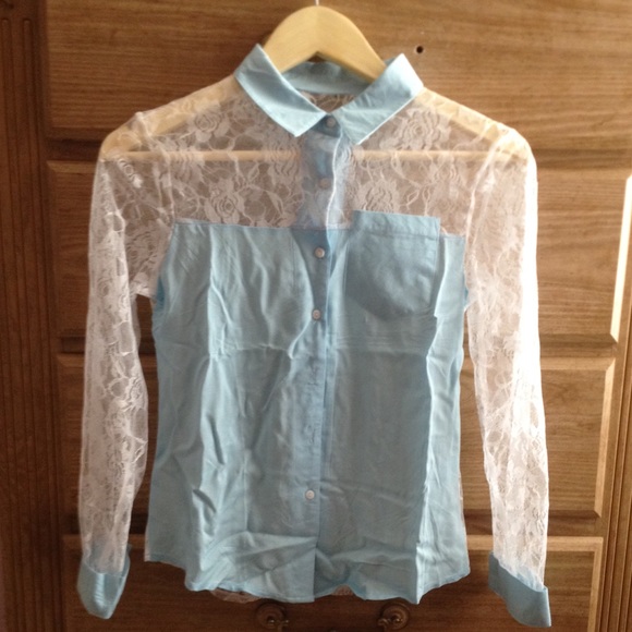 Blue contrast lace blouse