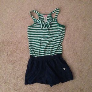 This is a green, white and blue romper from Guess.