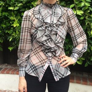 LF Sheer Ruffled Plaid Button Up