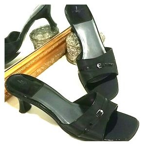 Black womens open back dress shoes heels