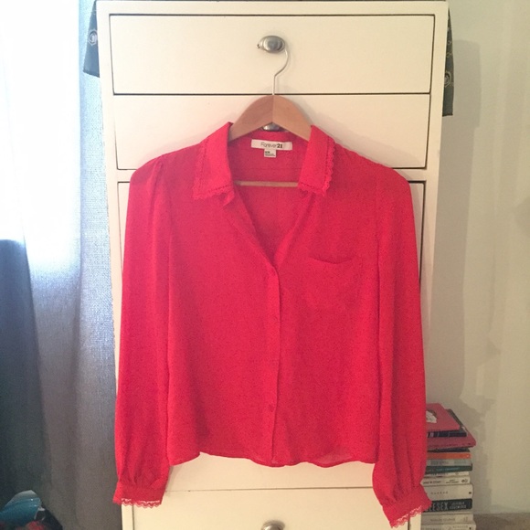 Sheer Red Button Up Blouse, Forever 21, Medium