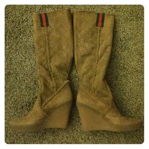 Gucci logo caramel colored wedge boots