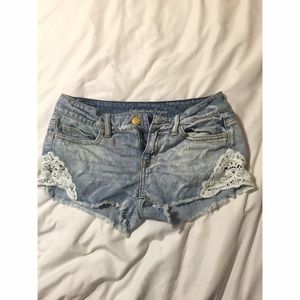 Lace-Paneled Mid Rise Jean Shorts