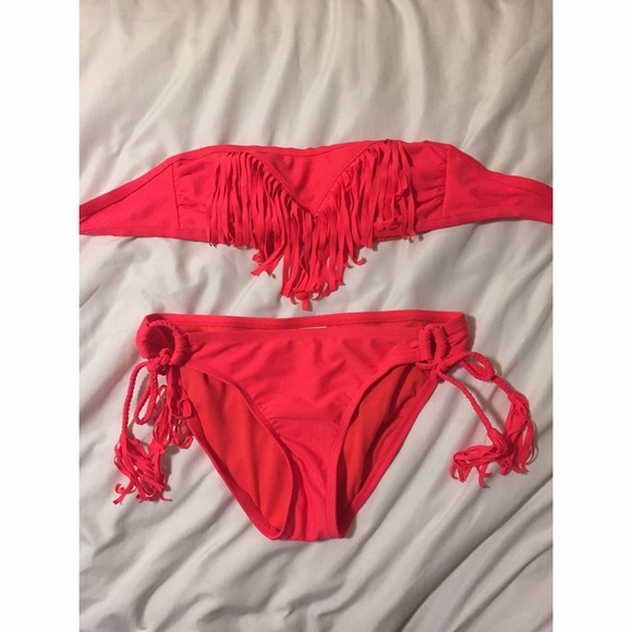 Coral Fringed Bandeau Bikini