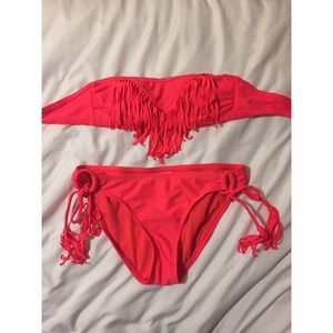 Coral Fringed Bandeau Bikini