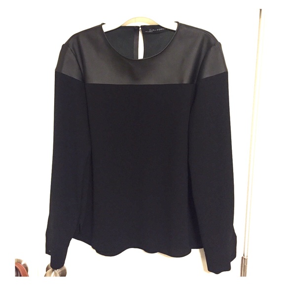Zara Tops - NWOT Zara Black Blouse w/faux leather accents